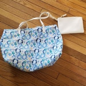 Just Fab reversible white / blue floral tote bag